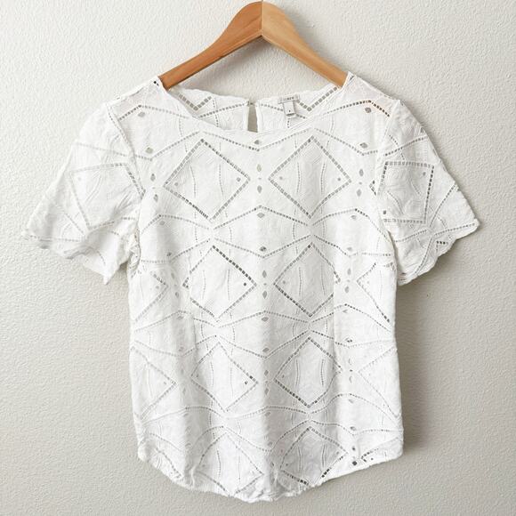J. CREW | Embroidered Blouse Eyelet Short Sleeve Cotton Diamonds | Size Small - Picture 2 of 7